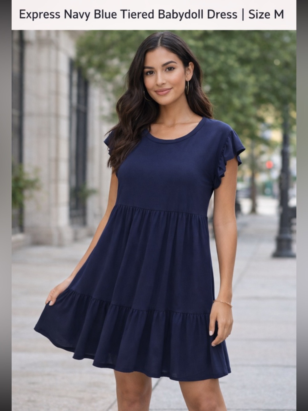 Express Navy Ruffle Sleeve Tiered Mini Dress